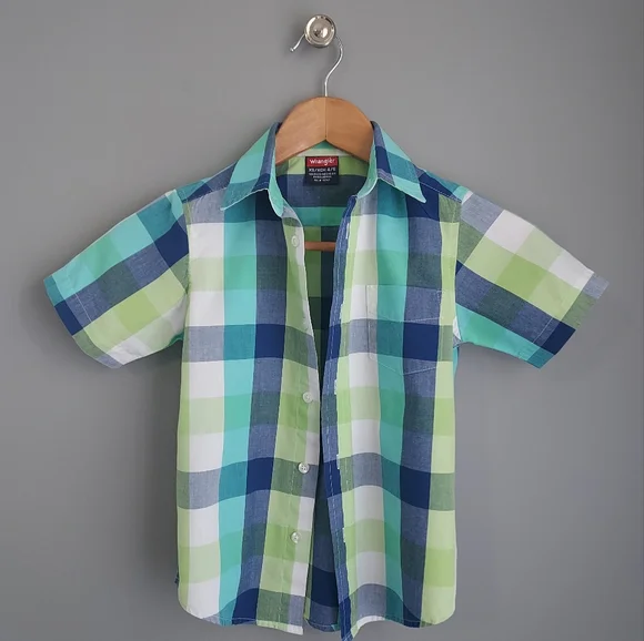 Wrangler, sz 4/5, plaid, button down & Fruit of the Loom sz 4/5 dark teal tshirt - Picture 3 of 5